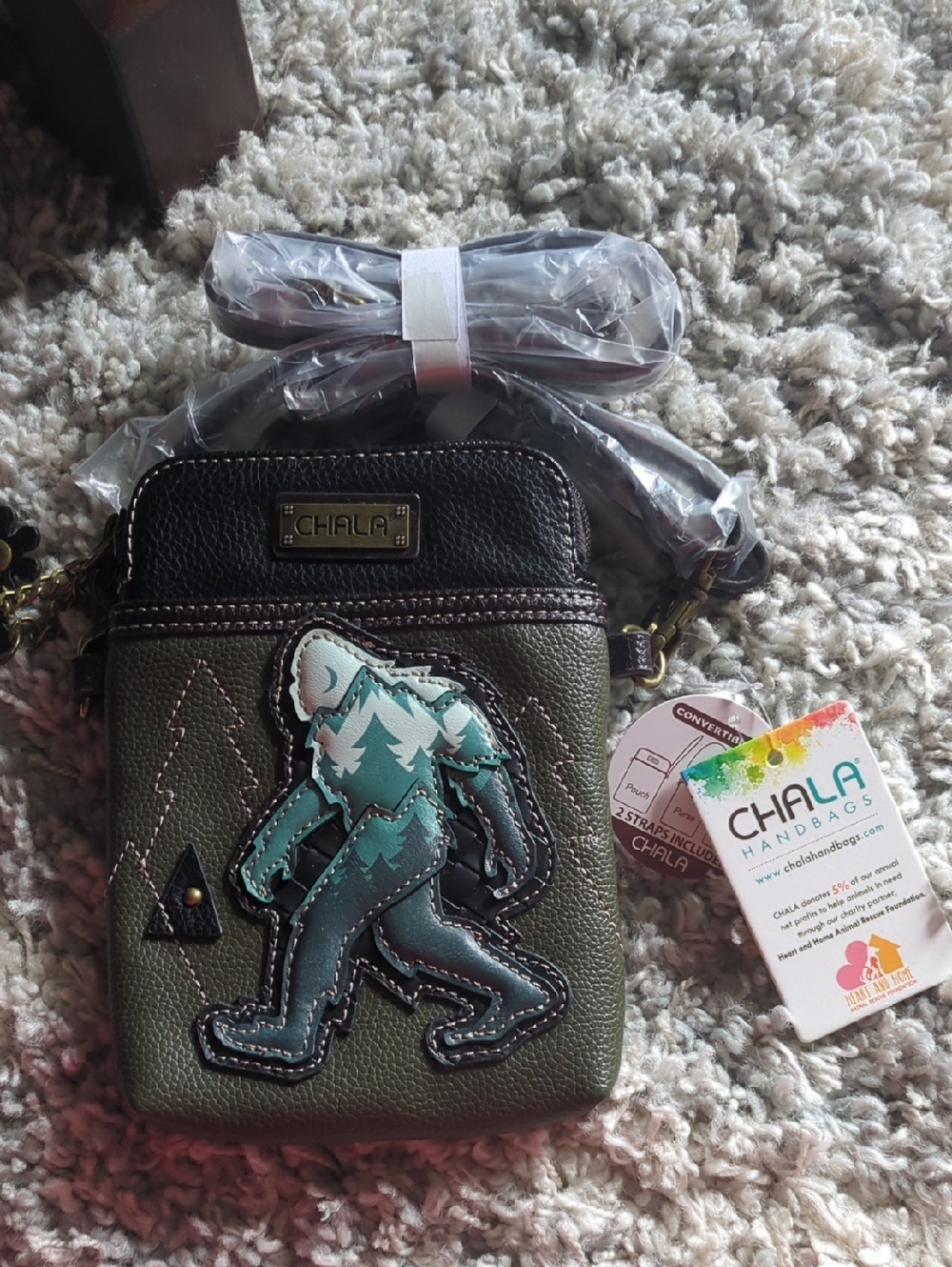 Chala Olive Green Sasquatch Applique Crossbody Bag with Teal Accent